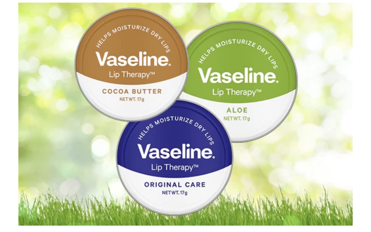 Generic Vaseline Petroleum Jelly Lip Balms - THREE 20g Pocket Size Tins - Aloe Vera, Cocoa Butter, Original, Lip Repair Therapy Protects Dry Cracked