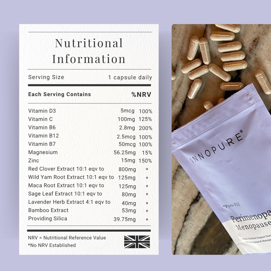 INNOPURE Perimenopause & Menopause Complex Supplements (2 Month Supply) Red Clover, Wild Yam, Maca, Sage and Vitamins Including B6 for Hormone Regulation, Pure-Fill, 60 Capsules, UK Made