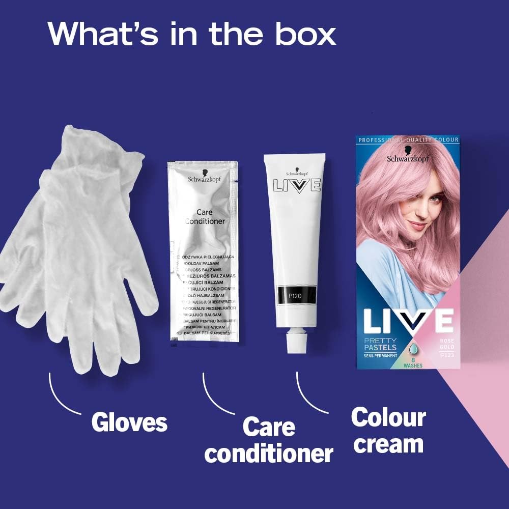Schwarzkopf LIVE Pretty Pastels Pink Gold Hair Dye, Pack of 3, Semi-Permanent Colour last up to 8 washes- P123 Rose Gold