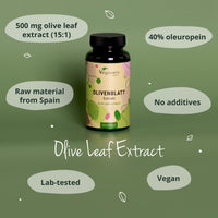 Olive Leaf Extract Vegavero® | Highest Strength 40% Oleuropein | Spanish Olive Leaves | NO Additives, Lab-Tested | 500mg (15:1) Equivalent 7500mg | 90 Capsules | Vegan