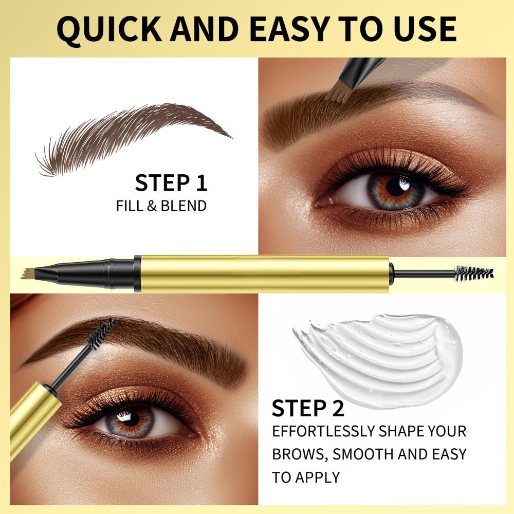 Generic Eyebrow Pen 2-in-1 Dual-Ended with Eyebrow Gel and Brow Brush, 4 Fork Tip for Natural Hair-Like Brows, Waterproof Long Lasting Defined Eyebrows (02# Dark Brown)