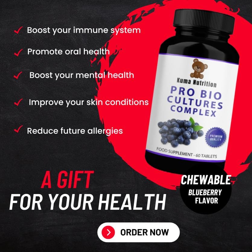 Powerful Pro Bio Cultures - Prebiotics & Probiotics Complex - Chewable Blueberry Gummy Tablets - 8 Billion CFU - Natural Organic Formula - 60 Gummies