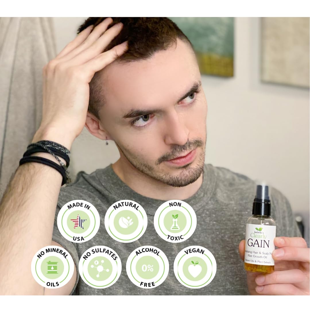 Isabella's Clearly GAIN, Hair Growth Oil and Thickening Scalp Treatment for Men and Women | Natural Herbal Serum with Castor, Clary Sage, Rosemary, Nettle Extract for Hair Loss, Alopecia, Thinning Hair