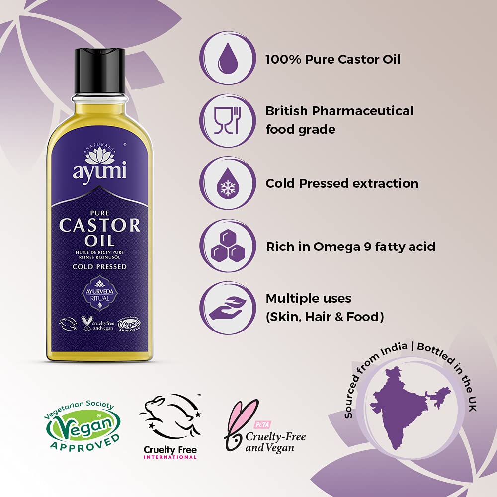 Ayumi Pure Castor Oil, Rich in Fatty Acids to Protect the Skin & Nourish the Hair, Seals in Skin Hydration & Moisture to Leave Skin Feeling Protected - 2 x 150ml