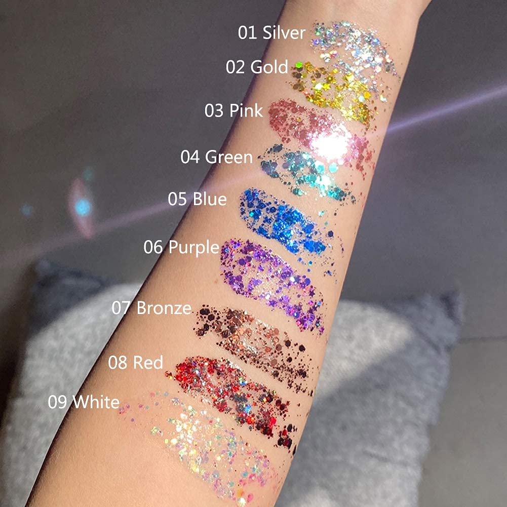 Punifengsi Sequins Body Glitter Gel, Make Up Long Lasting Glitter for Body Face Hair Eyeshadow for Music Festival Party Carnival Long Lasting Face Glitter, No Glue Needed and Easy to Remove. (Bronze)