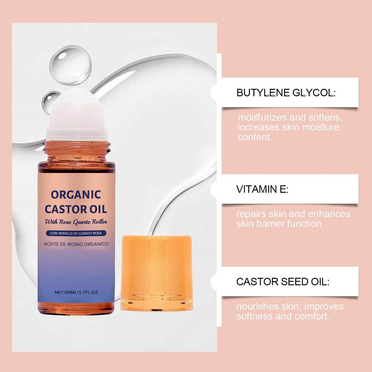 Generic Organic Castor Oil with Rose Quartz Roller, 50ml Organic Castor Oil Roll On, Natural Ingredients, Gently Nourishes Skin, Deep Hydration & Smoothing, for Belly, Face, Body, 1.7 fl oz