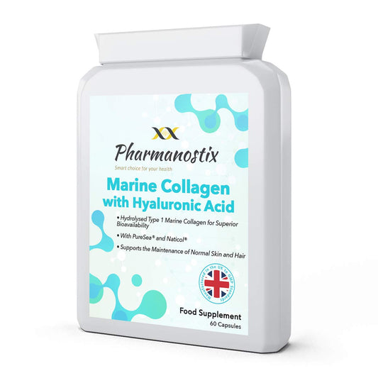 Pharmanostix Marine Collagen with Hyaluronic Acid & Seaweed - 60 Capsules - Skin, Hair & Nails Formula with D-Biotin, Vitamin E & C - Highly Bioavailable Naticol® Hydrolysed Marine Collagen 500mg