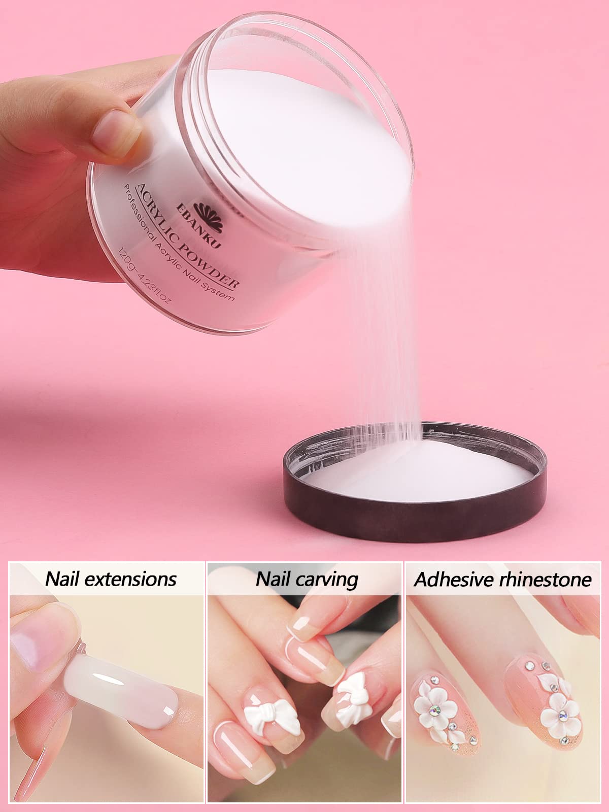 120g/4.23oz Clear Acrylic Powder, EBANKU Acrylic Powder Large Capacity Professional Acrylic Nail Powder for Nail Acrylic Extension, Nail Carving, Long-Lasting, No Nail Lamp Needed