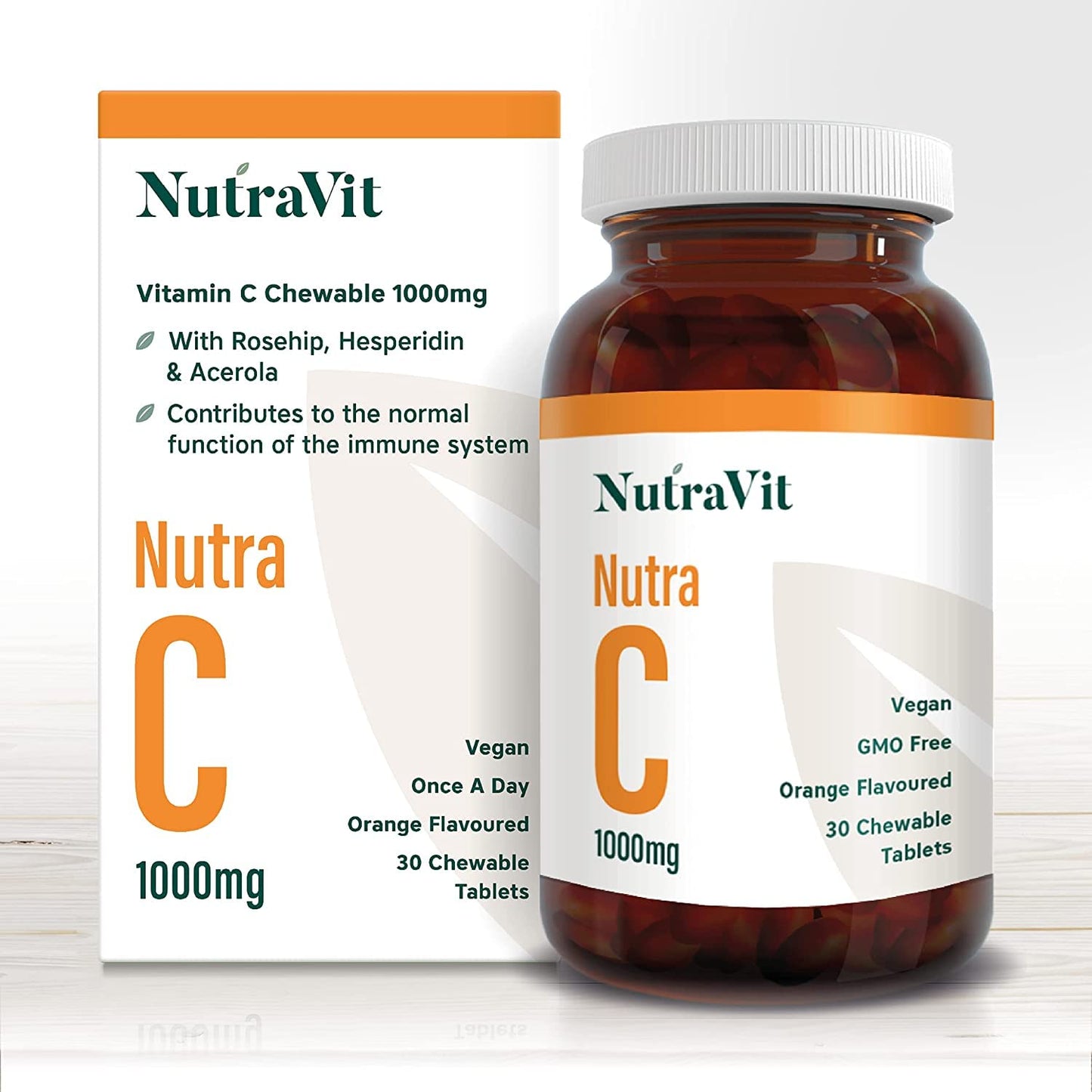 NUTRA C - Vitamin C 1000mg - 30 Chewable Tablets - High Strength Vegan Tablets - Gluten Free | Orange Flavoured - with Rosehip, Hesperidin & Acerola - Manufactured in a UK MHRA GMP Facility - NUTRAVIT
