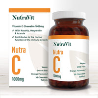 NUTRA C - Vitamin C 1000mg - 30 Chewable Tablets - High Strength Vegan Tablets - Gluten Free | Orange Flavoured - with Rosehip, Hesperidin & Acerola - Manufactured in a UK MHRA GMP Facility - NUTRAVIT