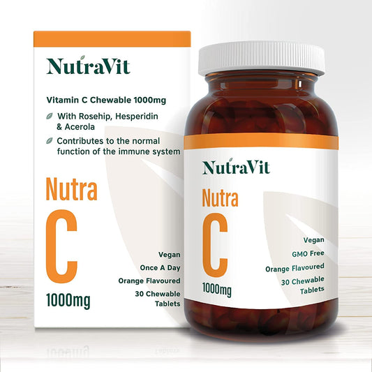 NUTRA C - Vitamin C 1000mg - 30 Chewable Tablets - High Strength Vegan Tablets - Gluten Free | Orange Flavoured - with Rosehip, Hesperidin & Acerola - Manufactured in a UK MHRA GMP Facility - NUTRAVIT