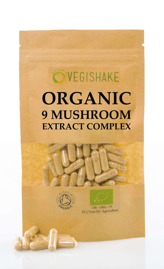 vegishake Organic 9 Mushroom 20:1 Extracts - Chaga Cordyceps Shiitake Reishi Lions Mane Maitake Poria Cocos T.T Oyster Blends Complex