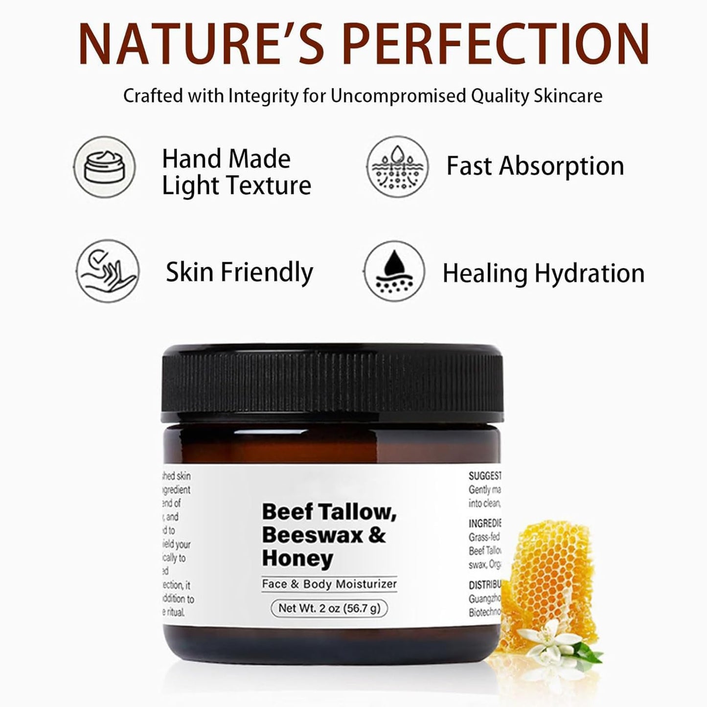 Beef Tallow Beeswax and Honey Face Moisturizer, Nourishing & Moisturizing, Purely Natural OrganicTallow Beeswax Honey Moisturizer for Face & Body - 2 oz