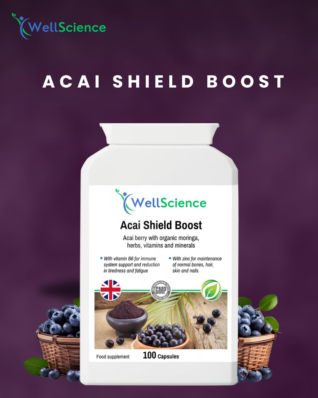 Wellscience Acai Shield Boost - Immune Support, Energy Booster & Antioxidant Protection with Acai Berry, Organic Moringa, Vitamins B6, Zinc & Biotin | Promotes Healthy Skin, Hair & Nails