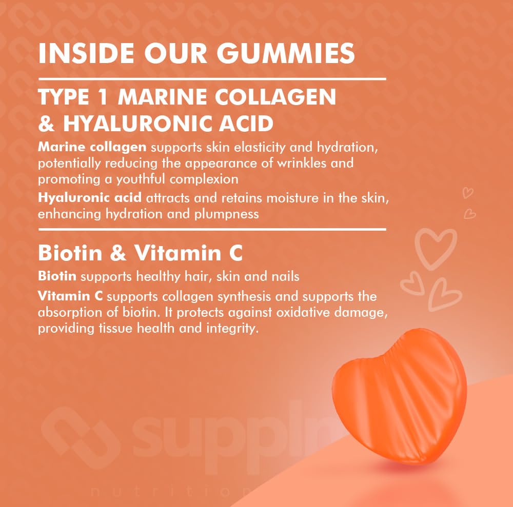 supplmnt. Marine Collagen Gummies - Hydrolysed Collagen Peptides with Biotin, Hyaluronic Acid & Vitamin C - Collagen Supplements for Women and Men - 120 Gummies. Collagen for Skin, Hair & Nails 2 Months Supply