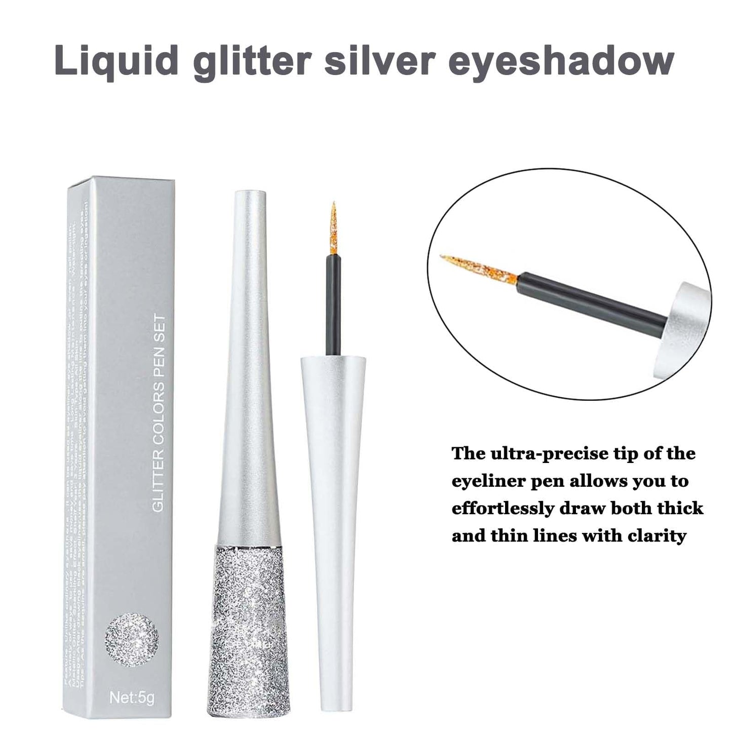 LaluluTek Long-Lasting Smudge-Proof Silver Glitter Eyeliner - Liquid Glitter Eyeshadow with Waterproof Sparkle - Quick Dry Shimmer Liner for Women's Eye Makeup