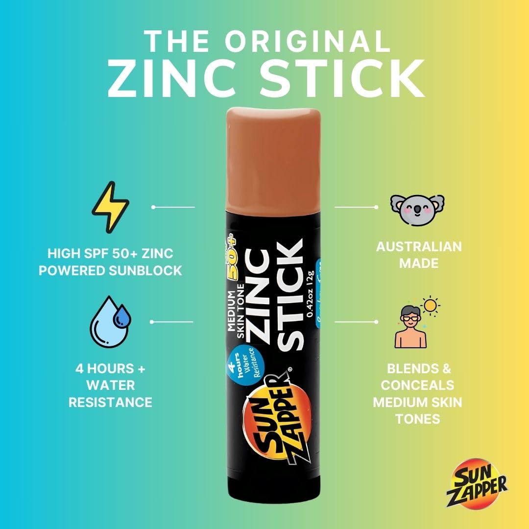 Sun Zapper Medium Skin Tone Original Zinc Stick SPF 50 + Zinc Oxide Mineral Sunblock Stick for Face - Tinted Sunblock for Legends with Darker Skin Tones, Made in Australia