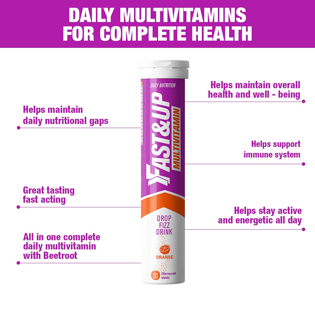 Fast&Up Multivitamin – Complete Multivitamin Supplement – All Day Energy – 20 Effervescent Tablets – Supports Immune System – Orange