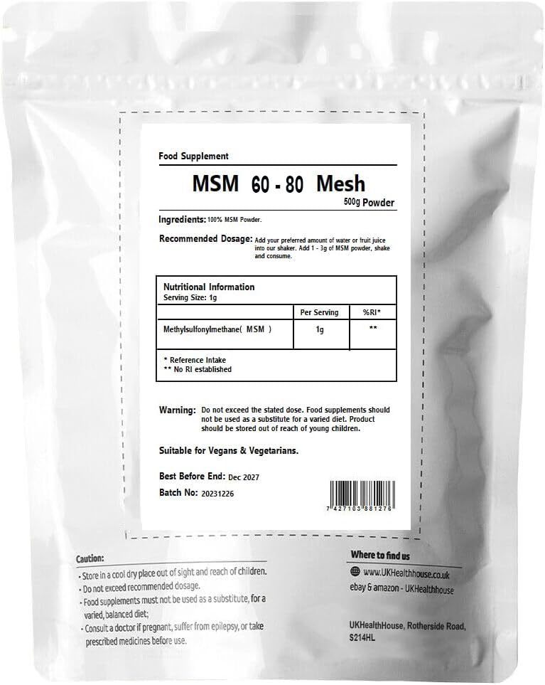 UKHealthHouse 100% Pure MSM Powder x 500g - Methyl Sulfonyl Methane - Joint Support - Food Grade