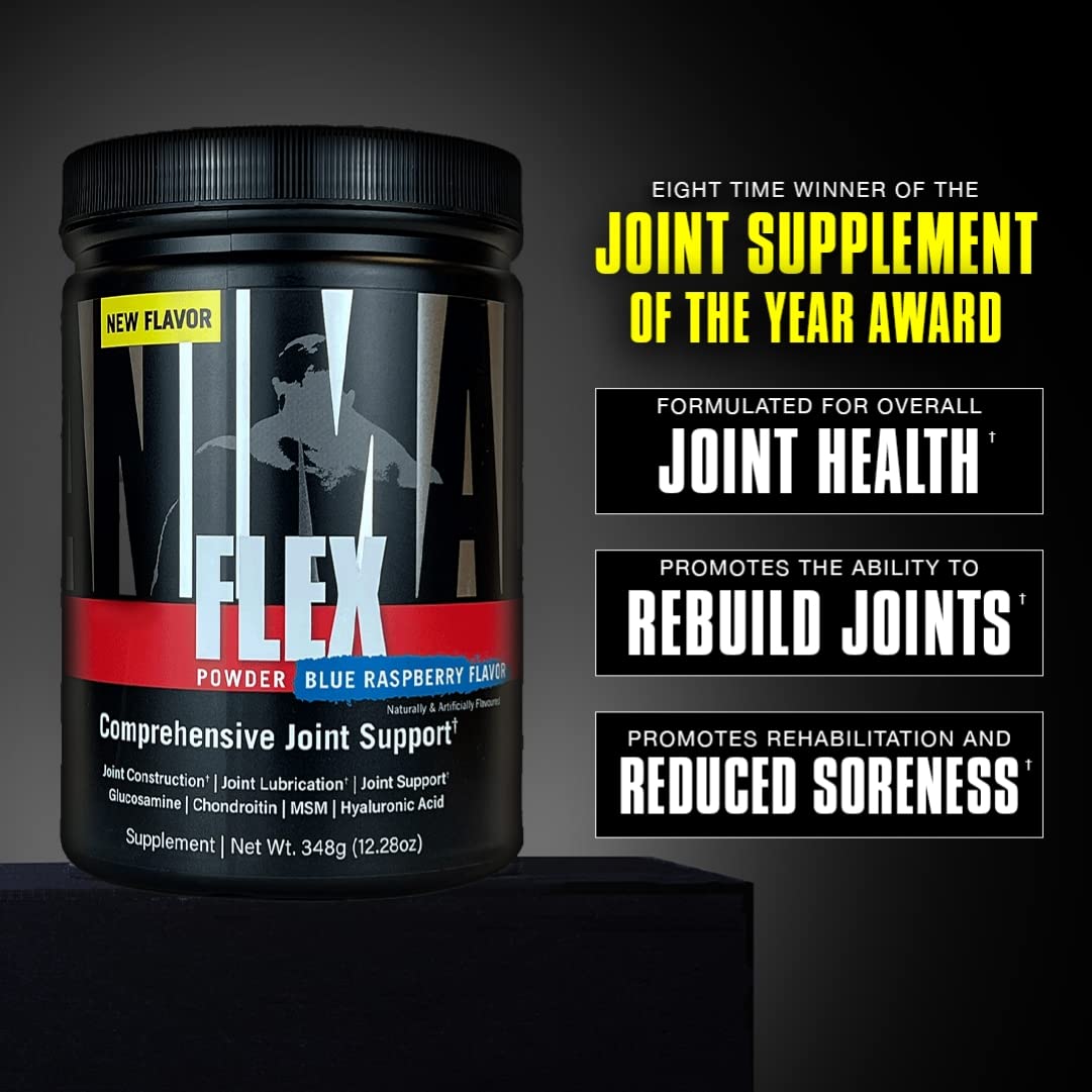 Animal Flex Powder – All-In-One Complete Joint Support Supplement–Contains Collagen, Turmeric Root, Curcumin, Glucosamine & Chondroitin – Helps Repair & Restore Joints – Blue Raspb. Flavour, 30 Scoops