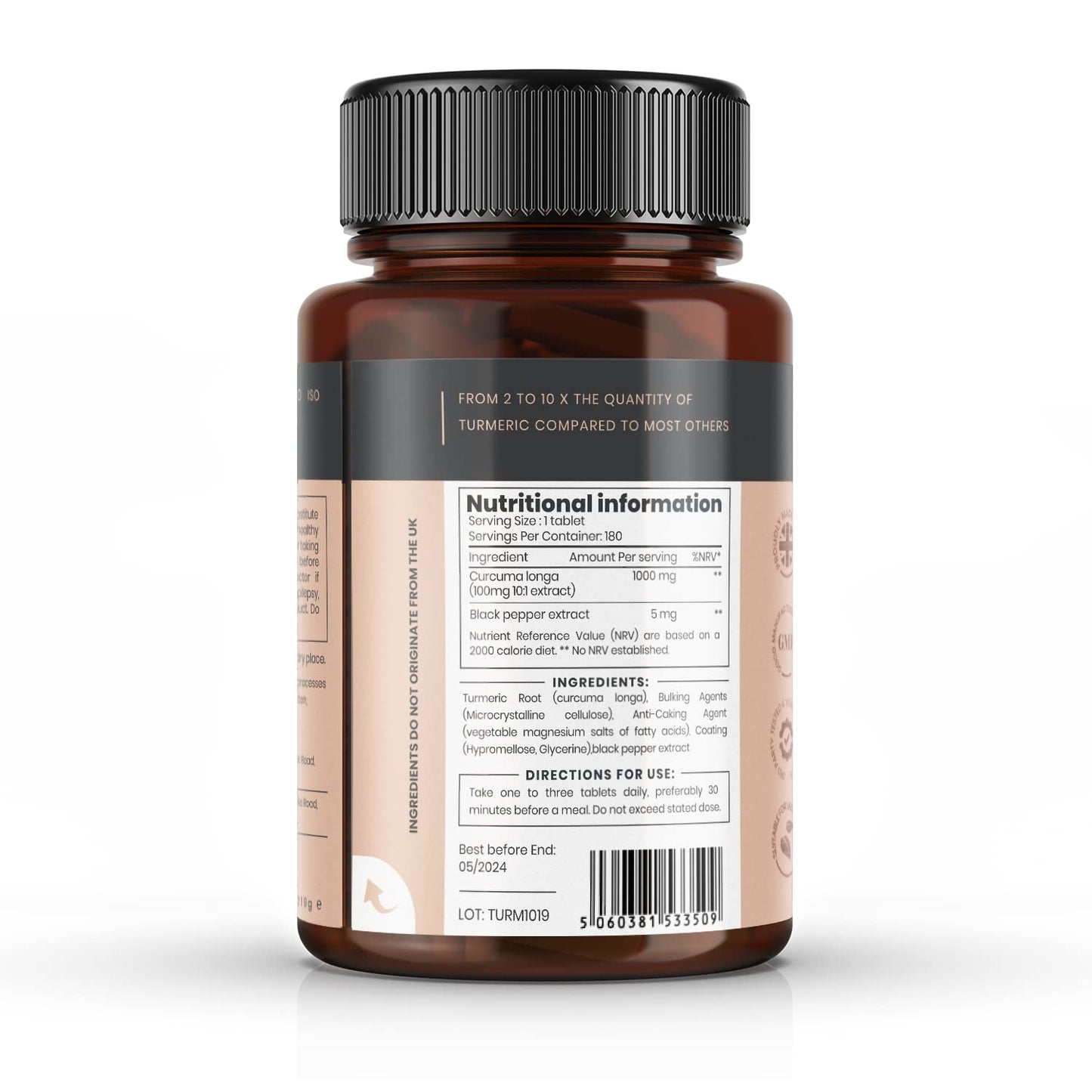Double Strength Turmeric - 1000mg x 180 Tablets - Natural Levels of Curcumin - and 5mg Black Pepper Extract.