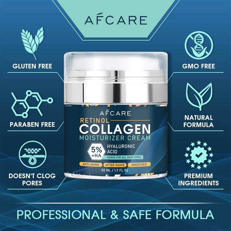 Afcare Retinol Collagen Moisturizer Cream for Men - 5% Retinol + Hyaluronic Acid, Anti-Aging Face Cream, Hydrating, Nourishing, Repairs, Smooths, Tightens, All Skin Types, 50ML.