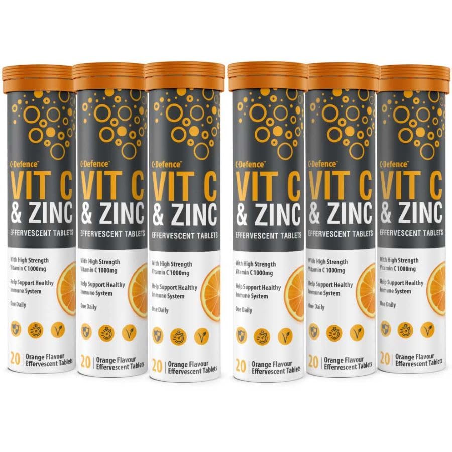 C.Defence Vitamin C 1000mg & Zinc 15mg Orange Flavour Effervescent Tablets - High Strength Tablets for a Healthy Immune System (6 Tubes)