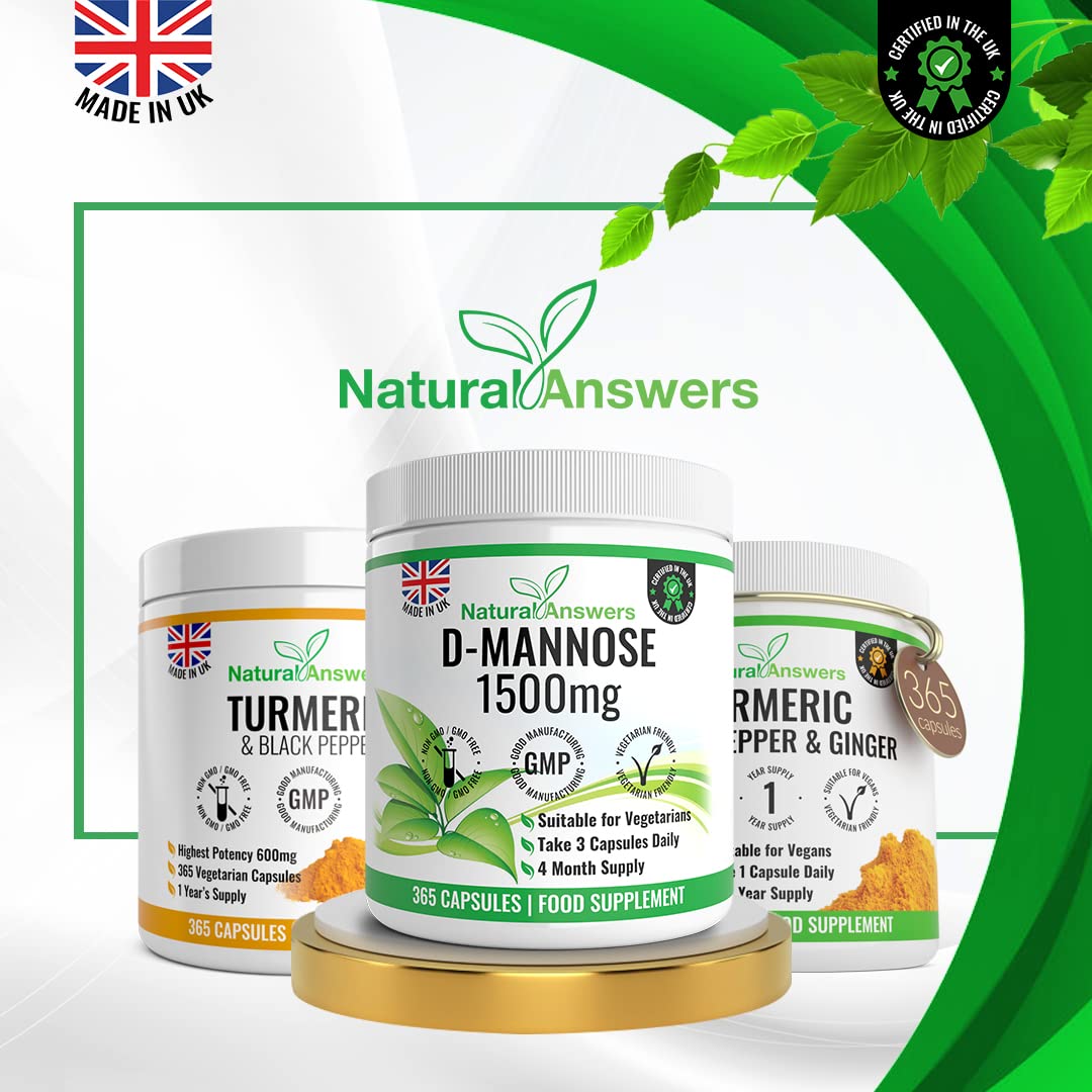 Natural Answers D-Mannose | 365 Capsules | Max Strength 1500mg per Serving - Precision DMannose - Vegetarian Capsules not Tablets or Pills, Made in The UK (365 Count (Pack of 1))