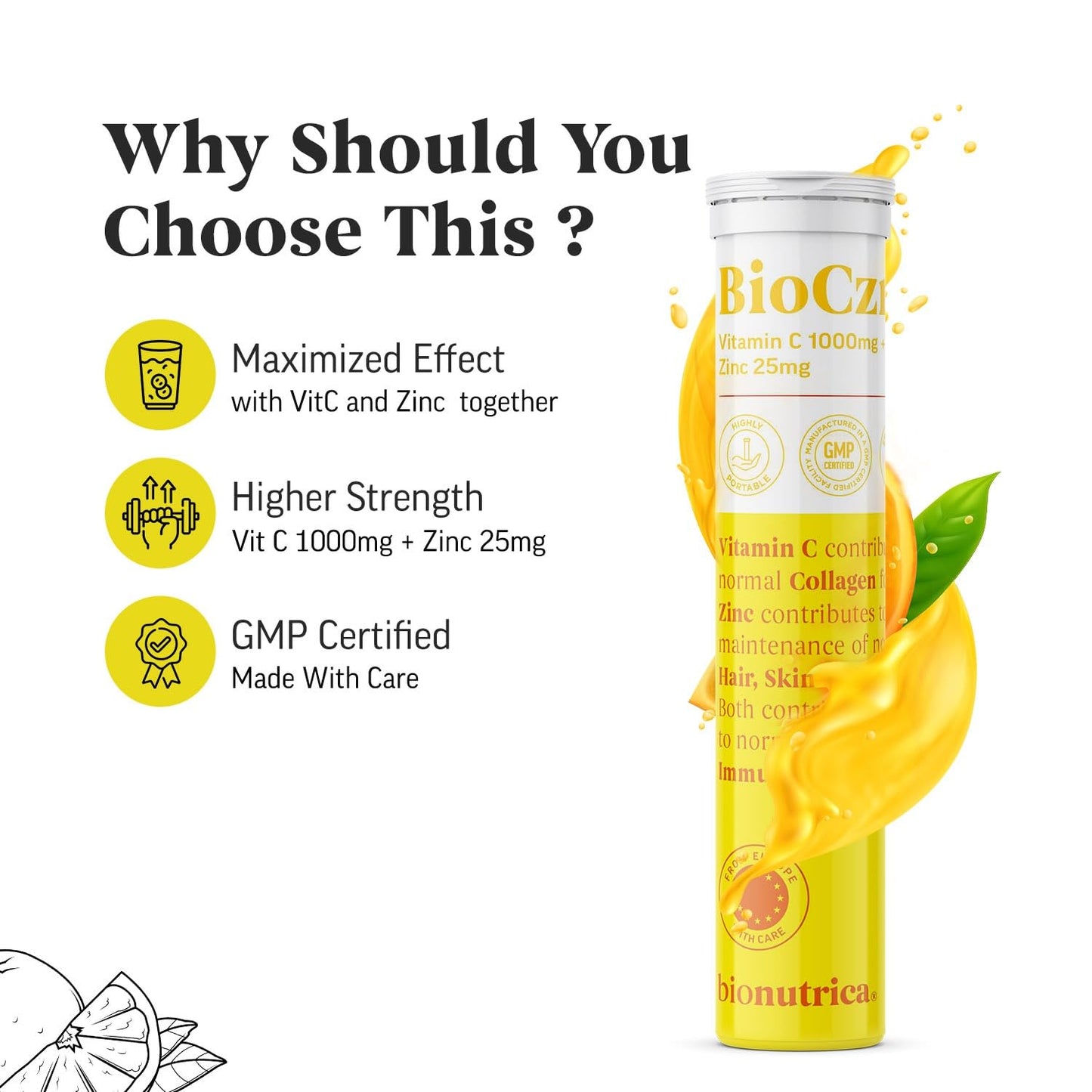 Bionutrica BioCzn- Vitamin C 1000mg and ZinC 25mg- 60 Effervescent Tablets (Pack of 3)- Improve Your Skin Health, Immunity, and Energy Levels | Fast-Acting | Suitable for Vegan & Vegetarian -GMP Certified