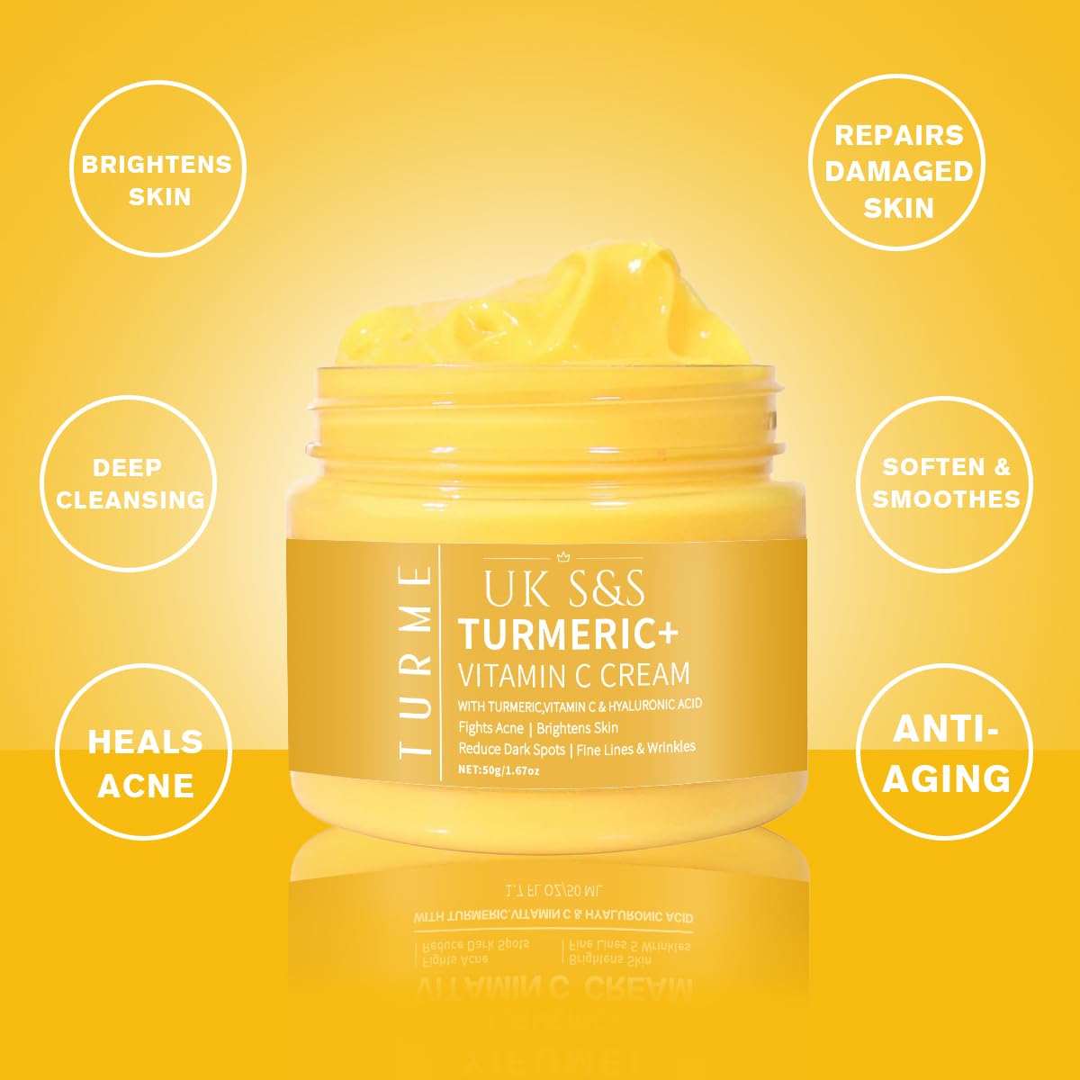 Turmeric & Vitamin C face cream. Anti-aging cream that reduces dark spots and brightens skin. Heals acne and repairs damaged skin. Soften and smoothens skin.