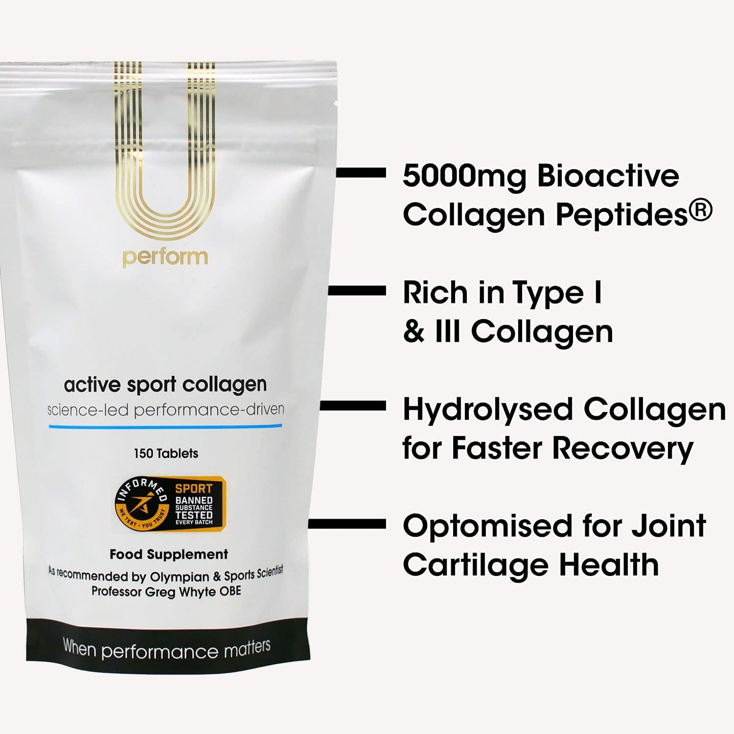 U Perform - Informed Sports Collagen for Fast Muscle Recovery, Hydrolysed Collagen Peptides from Grass Fed Bovine, 5000mg (150 Tablets)