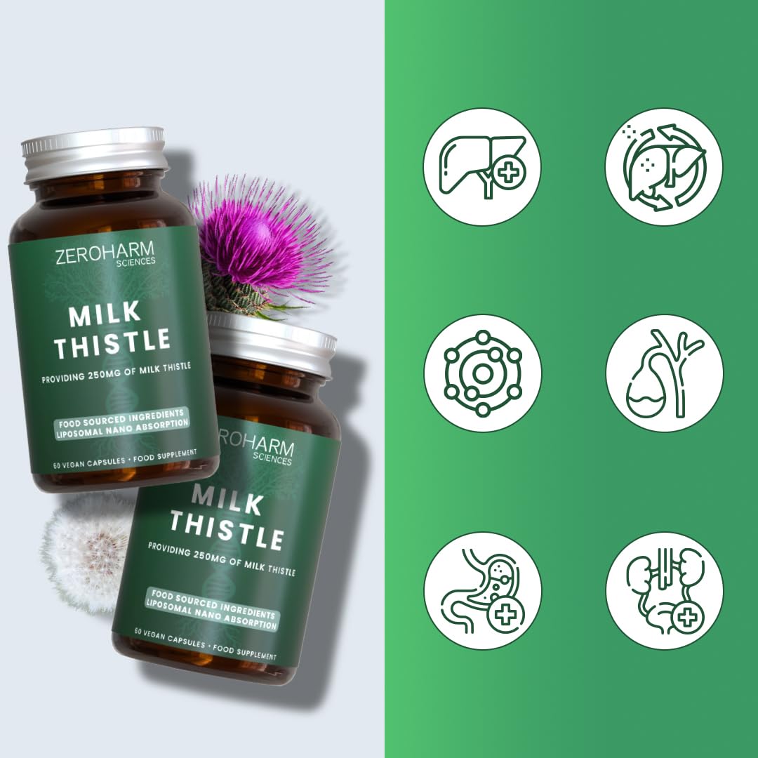 ZEROHARM Milk Thistle Capsules– Liver Support & Detox Supplement with Artichoke, Dandelion & Turmeric – Liposomal Nano Absorption - High Strength Herbal Supplement for Men & Women– 60 Capsules