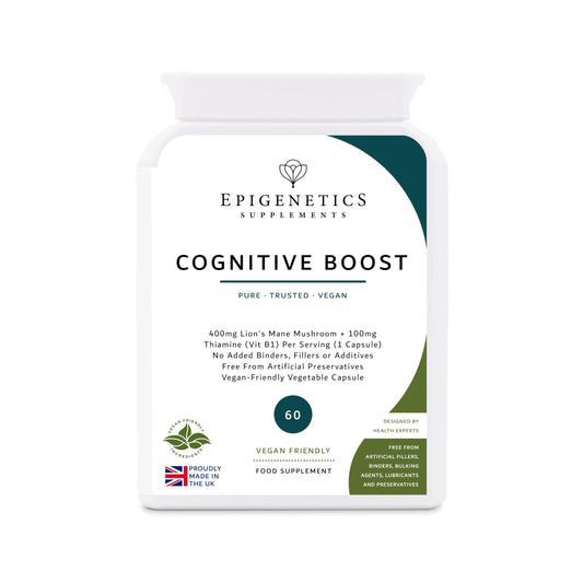 Epigenetics Cognitive Boost | 400mg Lions Mane Mushroom & 100mg Thiamine | 60 Capsules | Vegan Friendly UK Made | 1 Capsule Daily 2 Months Supply
