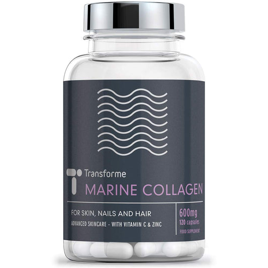 Transforme Marine Collagen Capsules 600mg - 1200mg Serving, Hydrolysed Collagen Peptides with Vitamin C, Mineral Zinc, 120 High Strength Capsules, Gluten Free