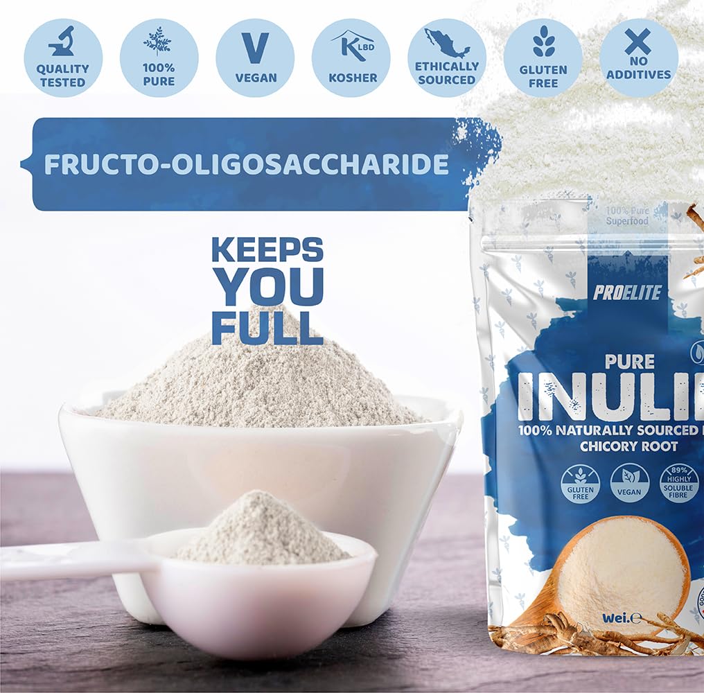 Pure Inulin Powder Prebiotic Soluble Fibre Powder - Vegan, GMO Free, Gluten Free Made in EU from Natural Chicory Root Fructo OligoSaccharide FOC Powder by PROELITE (250g)