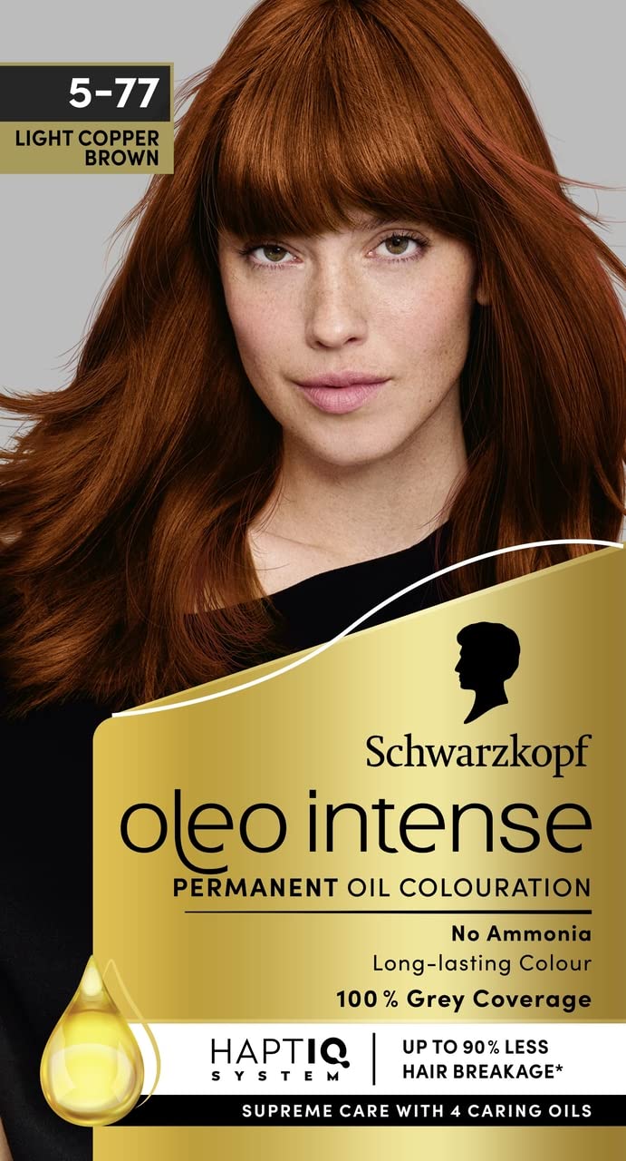 Schwarzkopf Oleo Intense Permanent Oil Colour 5-77 Light Copper Brown Hair Dye, 100% Grey Coverage, Conditioner with HaptIQ System, Long-Lasting Colour, Ammonia Free Hair Dye