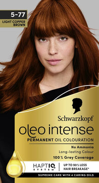 Schwarzkopf Oleo Intense Permanent Oil Colour 5-77 Light Copper Brown Hair Dye, 100% Grey Coverage, Conditioner with HaptIQ System, Long-Lasting Colour, Ammonia Free Hair Dye