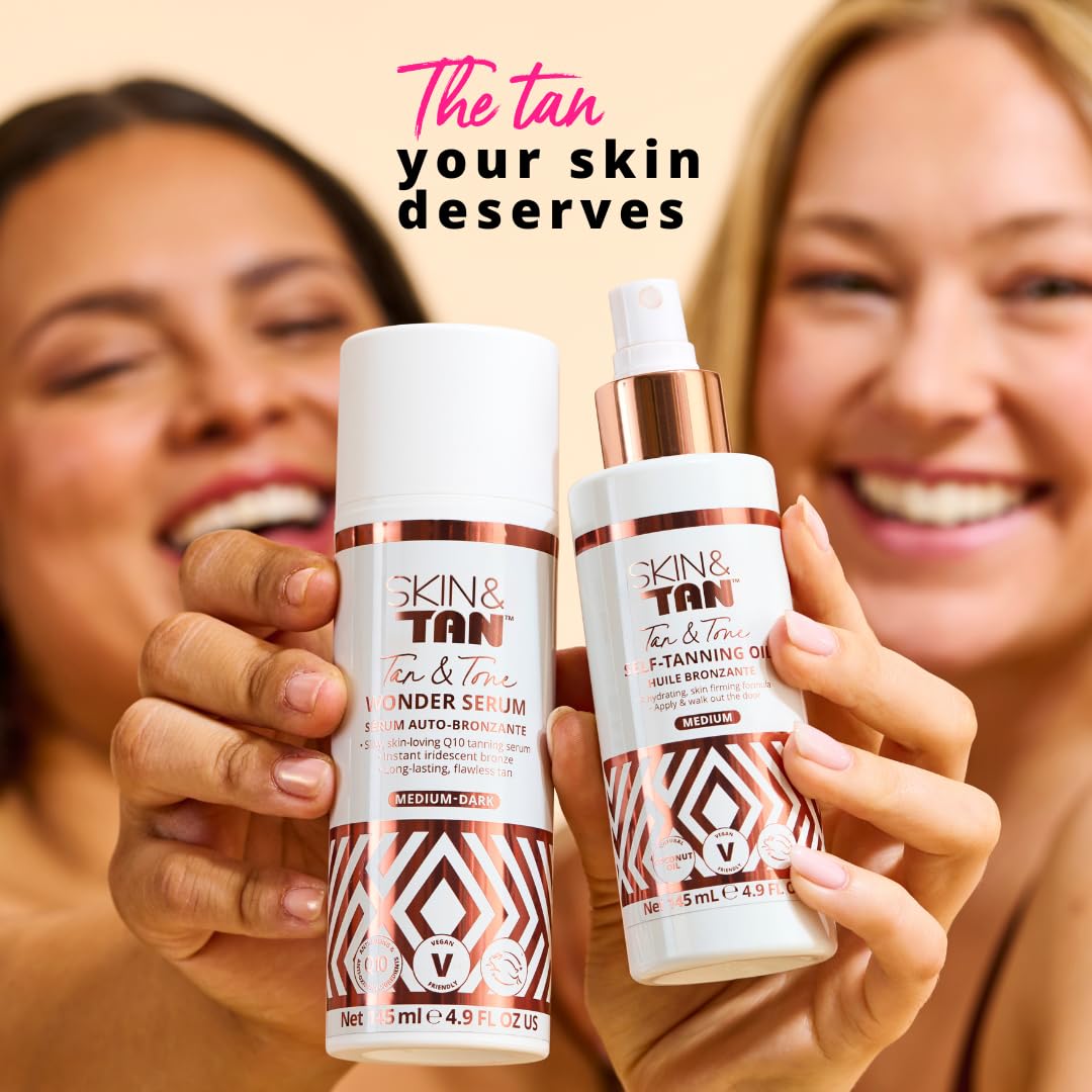 Skinny Tan Wonder Serum Fake Tan - Streak Free Self Tan with Youth Boosting Q10, Vitamin E & Aloe vera for Hydrating Skincare, Vegan & Cruelty Free - Medium, 145ml Plus Mitt & Back Applicator
