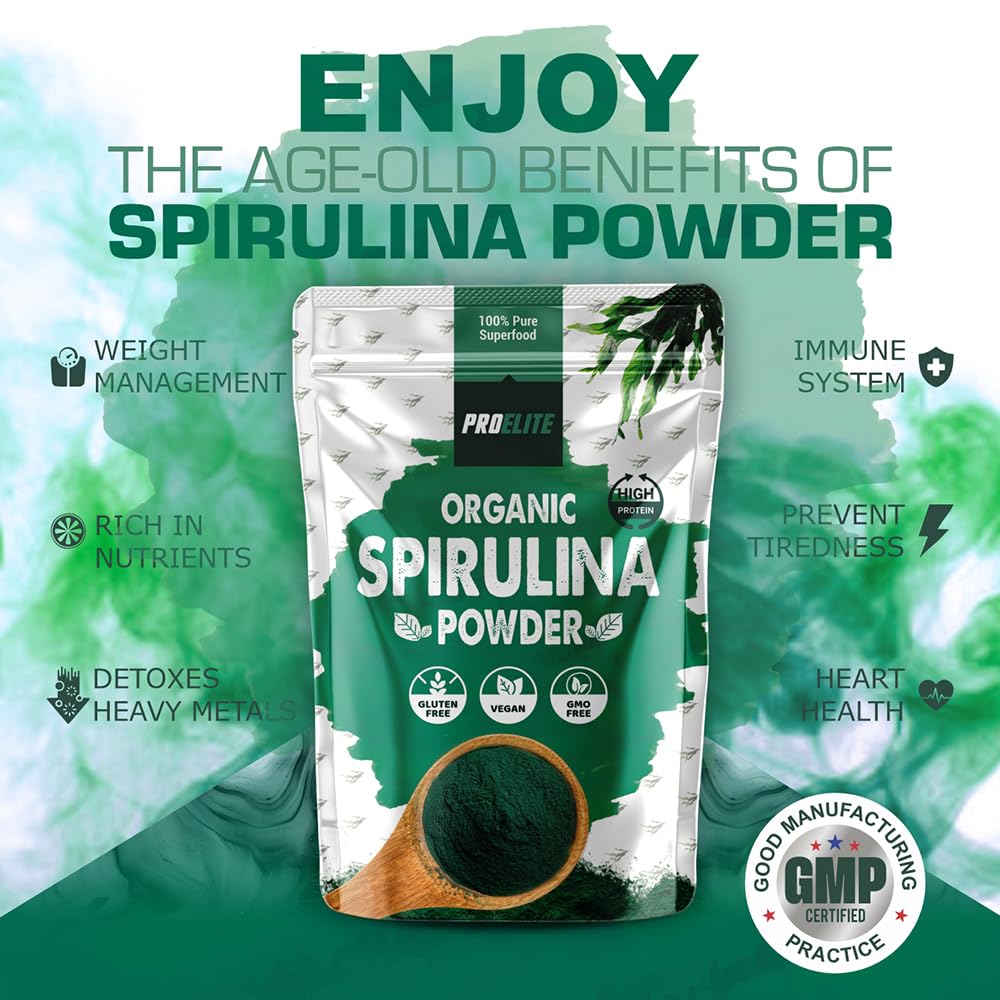 Organic Spirulina Powder 250g Natural Immune Booster | Premium Superfood Super Greens Spirulina Powder | Rich in Essential Vitamins & Minerals Vegans & Vegetarians by PROELITE
