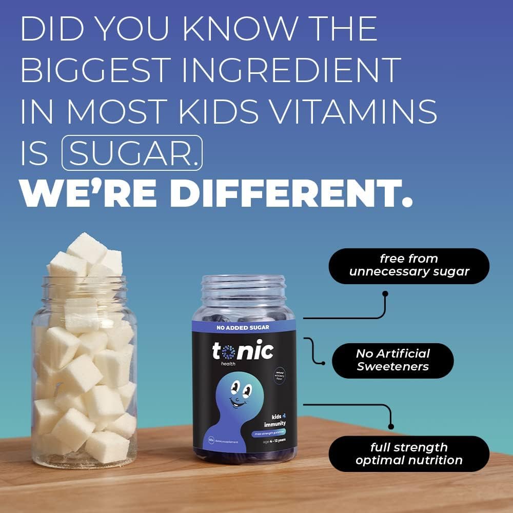 Tonic Health Kids Immunity Gummies - 7 in 1, Elderberry Gummies, No Added Sugar, No Sweeteners, Vitamins C, D and Zinc, Wild Berry Flavour, Month Supply (60 Count), Ages 4-12, Vegan.