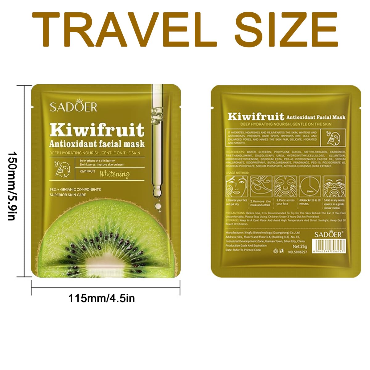 5Pcs Face Mask Facts Kiwi fruit | Brightens + Nourishes + Moisturizers | Vegan Mild Skin Deep Hydration Whitening and Antioxidant Sheet with Collagen and Natural Extracts for Radiant