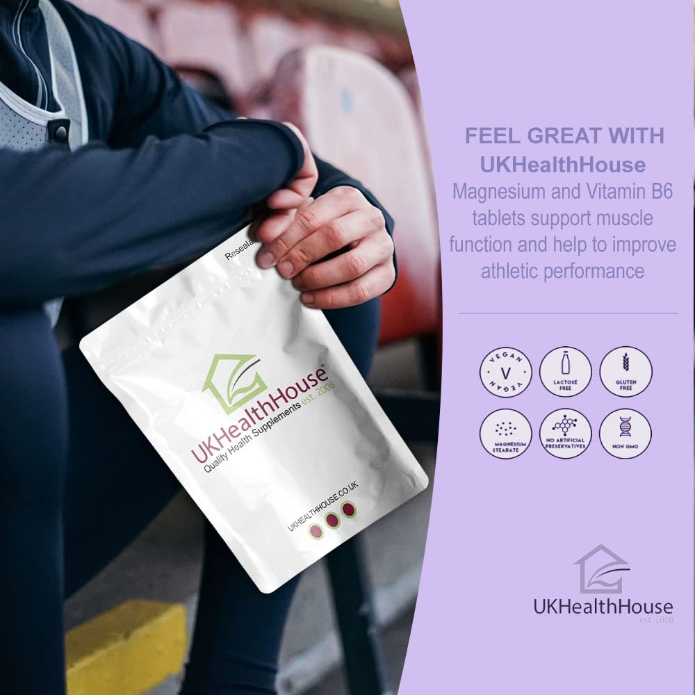 UKHealthHouse Magnesium + Vitamin B6-90 Strong Micro Vegan Tablets - Cramp Stress Fatigue - Immune System Bone Muscle Teeth Health - MAGNEZ + VIT B6 Tabs Magne b6