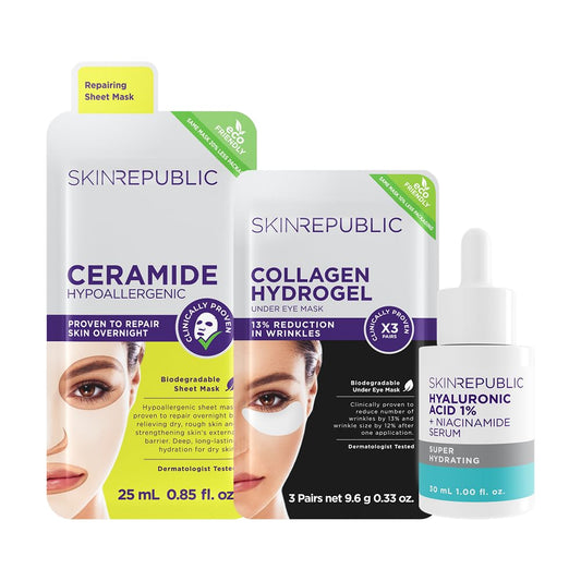 Skin Republic The Hydrating Skincare Set, Ceramide Sheet Mask, Collagen Eye Patches 3 Pairs, Hyaluronic Acid Serum 30ml