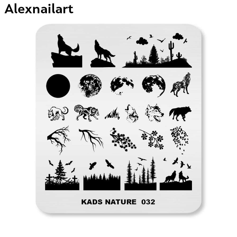 ALEXNAILART Alexnailart Nail Art Stamping Plates Picture Template with Natural Forest Wolf Moon Eagle Branch Pattern for Nail Design Manicure Print DIY Nail Design Nail Polish Transfer Tools