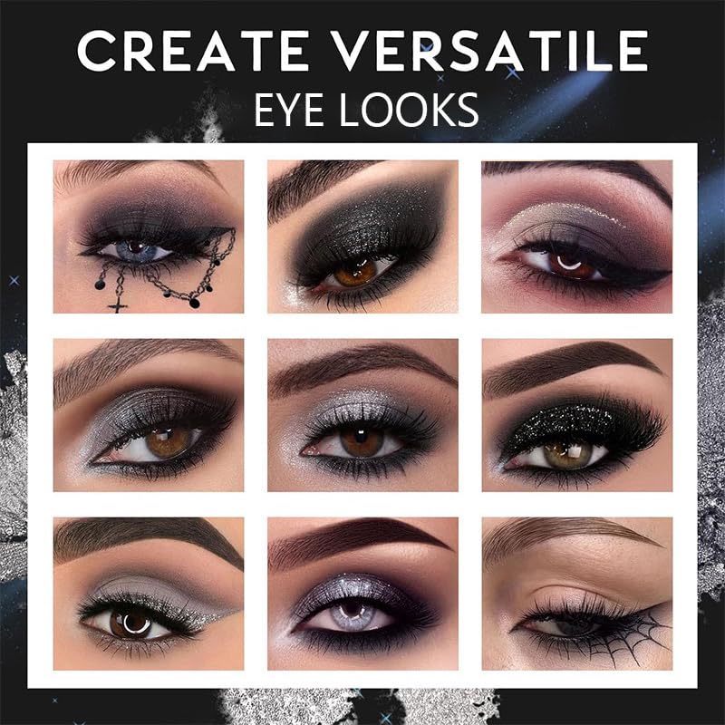 FANFALUV Black Smokey Eyeshadow Palette Makeup,9 Colors Black Silver Gray White Eye Shadow Pallets For Women,Long Lasting,Waterproof and Blendable,Make-up Palettes With Brushes-Halloween Goth Gifts(Smoky)