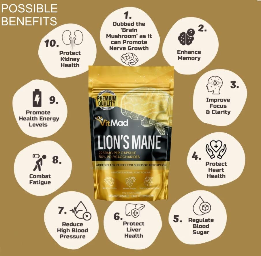 Vitmad Lions Mane Supplement 2250mg per Capsule - 1 a Day - 50% polysaccharides (60)
