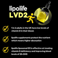 Lipolife liposomal Vegan Vitamin D3 Supplement | Highly absorbable Plant sourced D3 | Manufactured in UK to cGMP Standards | lipolife | 60 Servings. 1000IU. LVD2.