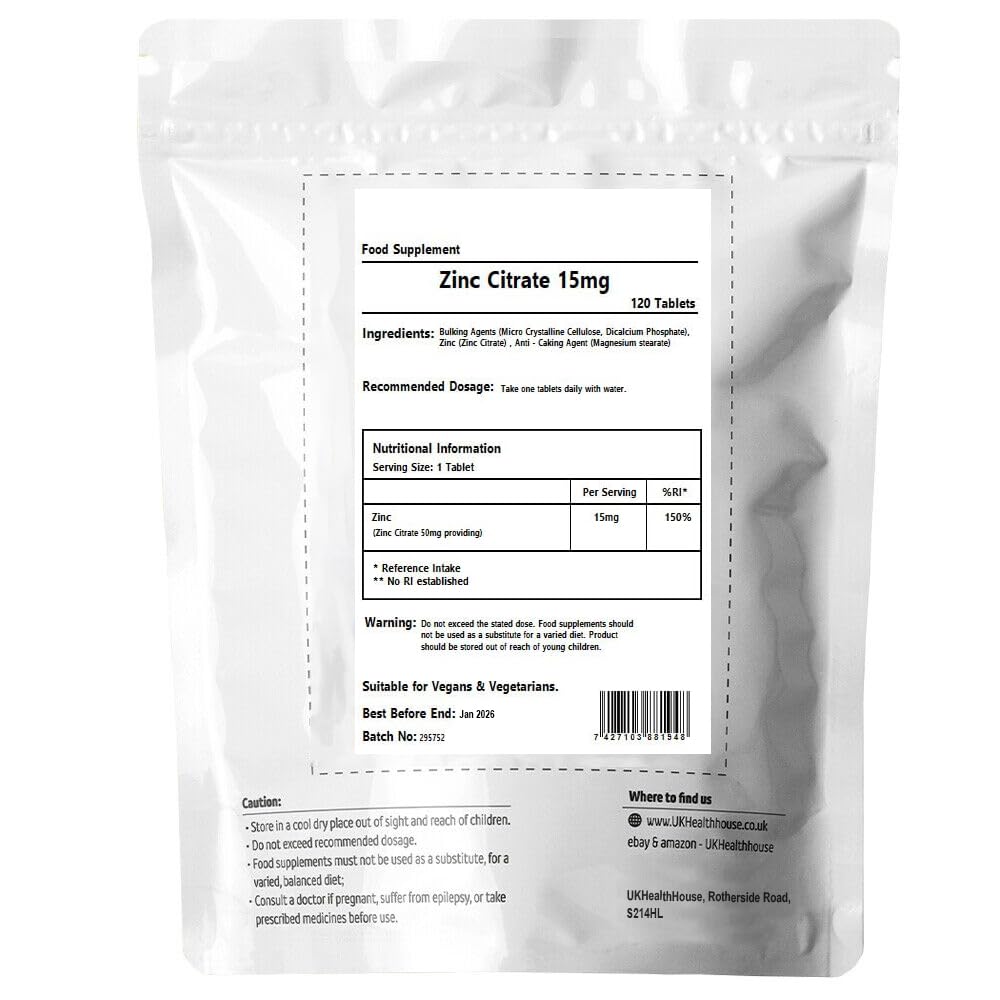 UKHealthHouse Zinc Citrate - 15mg x 120 - High Strength - Healthy Hair, Skin, Nails, Vision & Hormone Balance - Vegetarian & Vegan - General Health