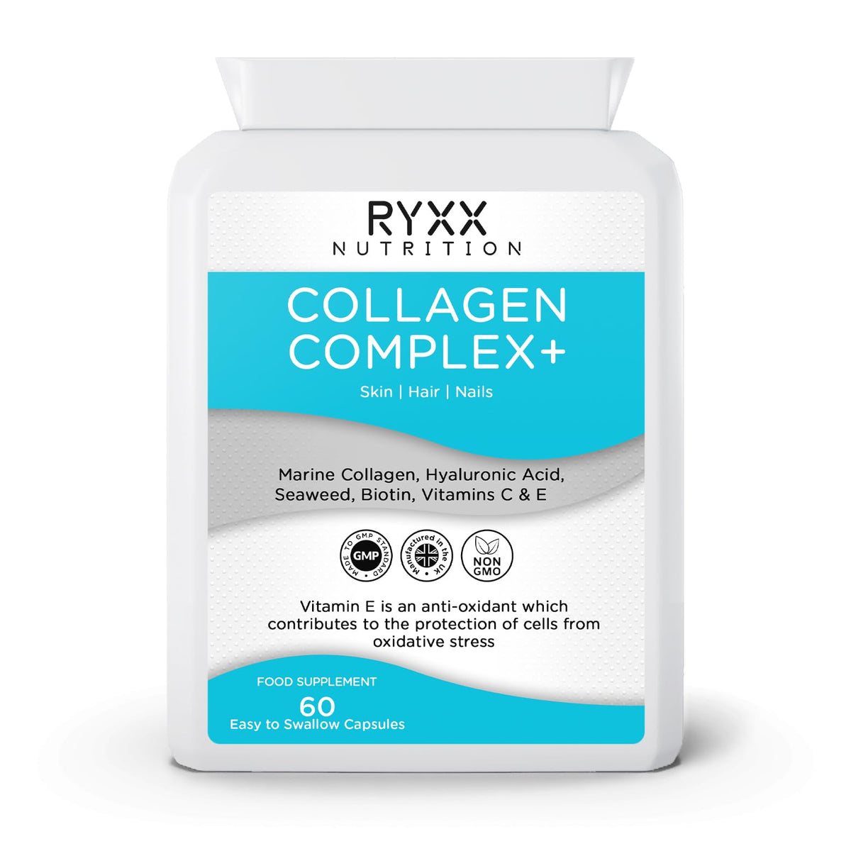 Ryxx Collagen Complex+ | Marine Collagen Supplement with Hyaluronic Acid, Biotin, Vitamin C & E | Skin, Hair & Joint Support | 60 Capsules | Made in the UK by RYXX