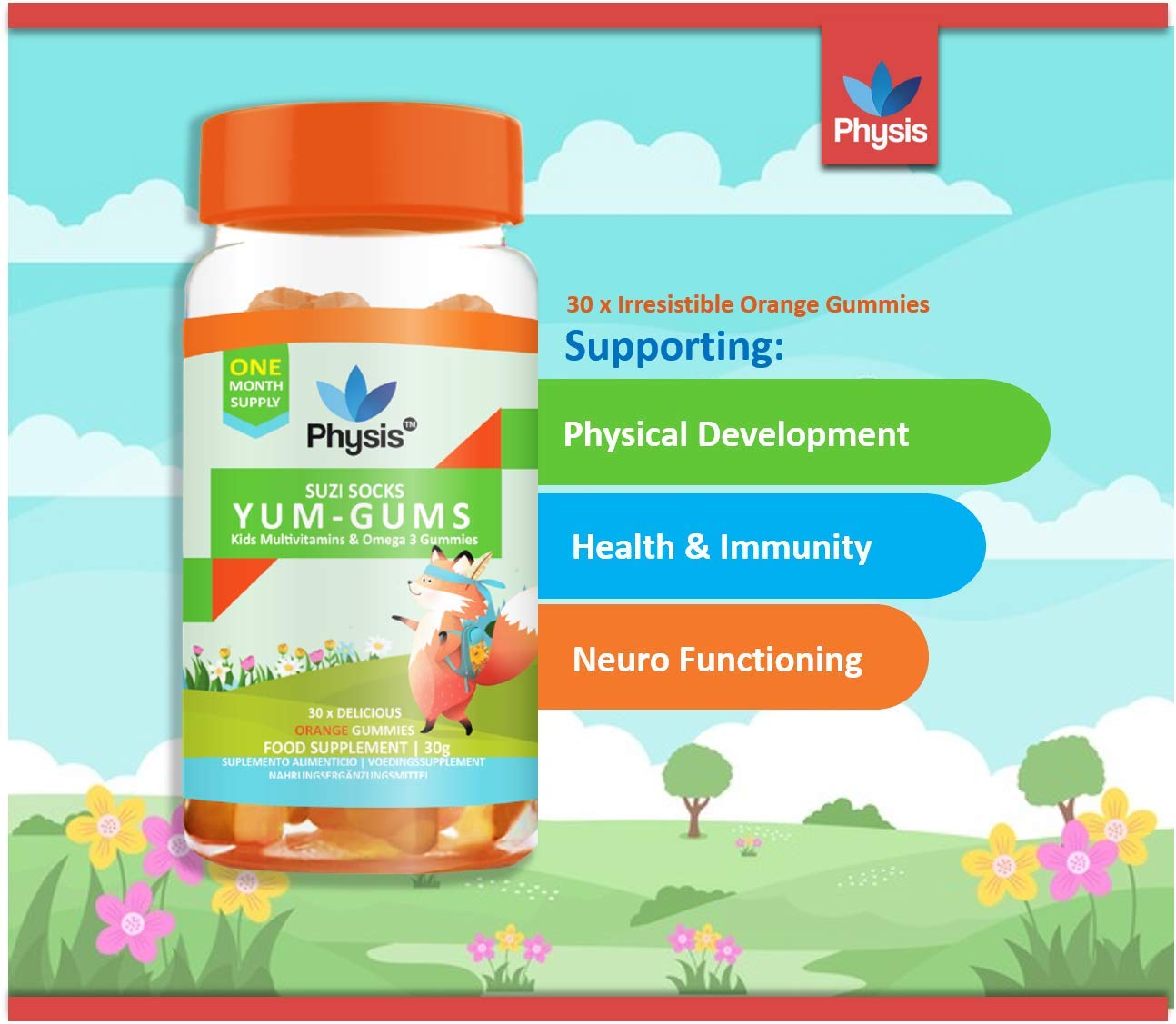 Physis Kids Multivitamin Gummies | Ages 2+ | 30 Orange Flavour Chewable Vitamin with Vitamins C, D, Omega 3 & More | Kids Vitamins Chewies for Cognition, Energy & Support Growth | Children's Vitamins